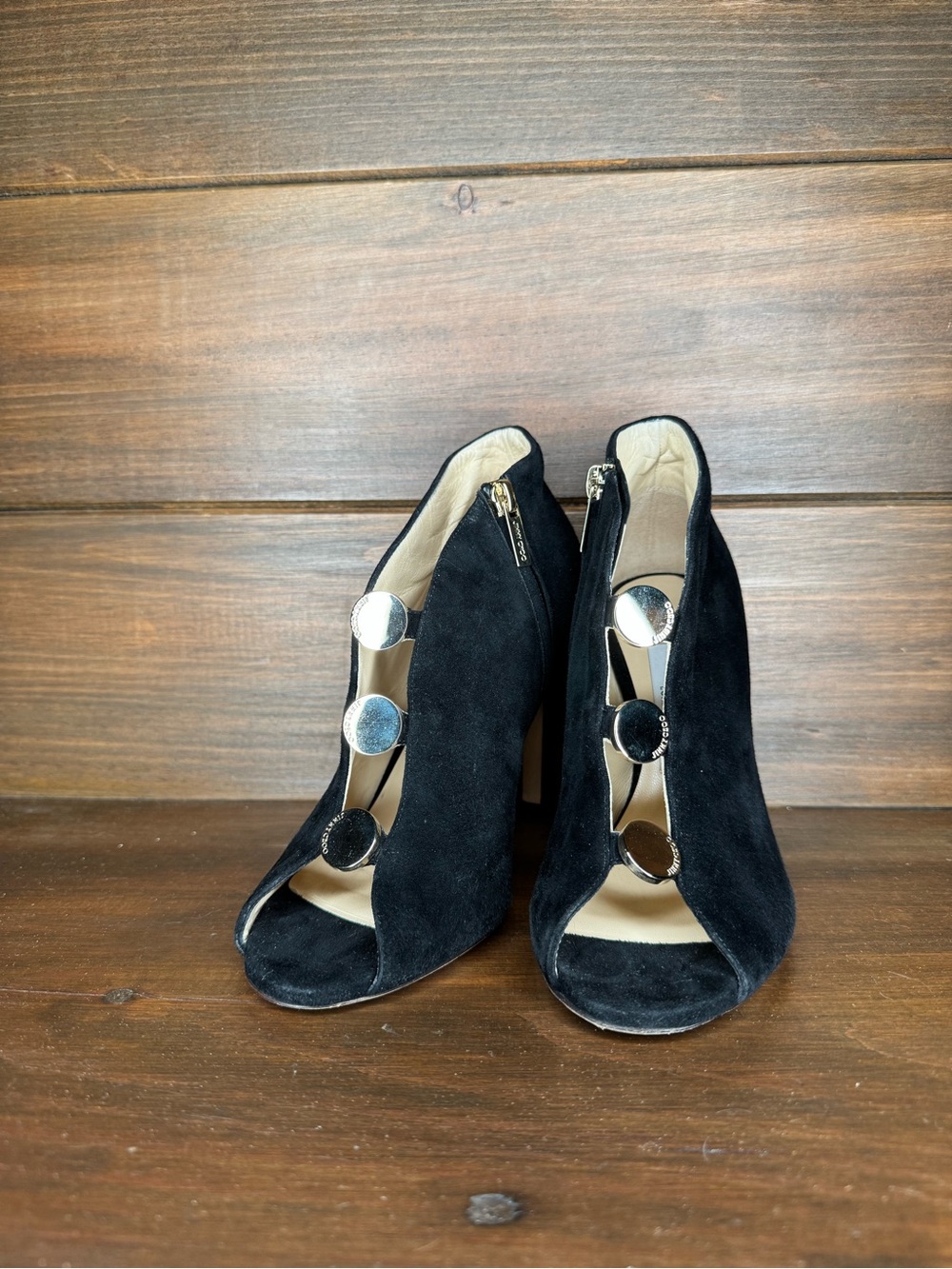 Jimmy Choo Black Suede Open-Toe Heels with Gold Disc Embellishments
